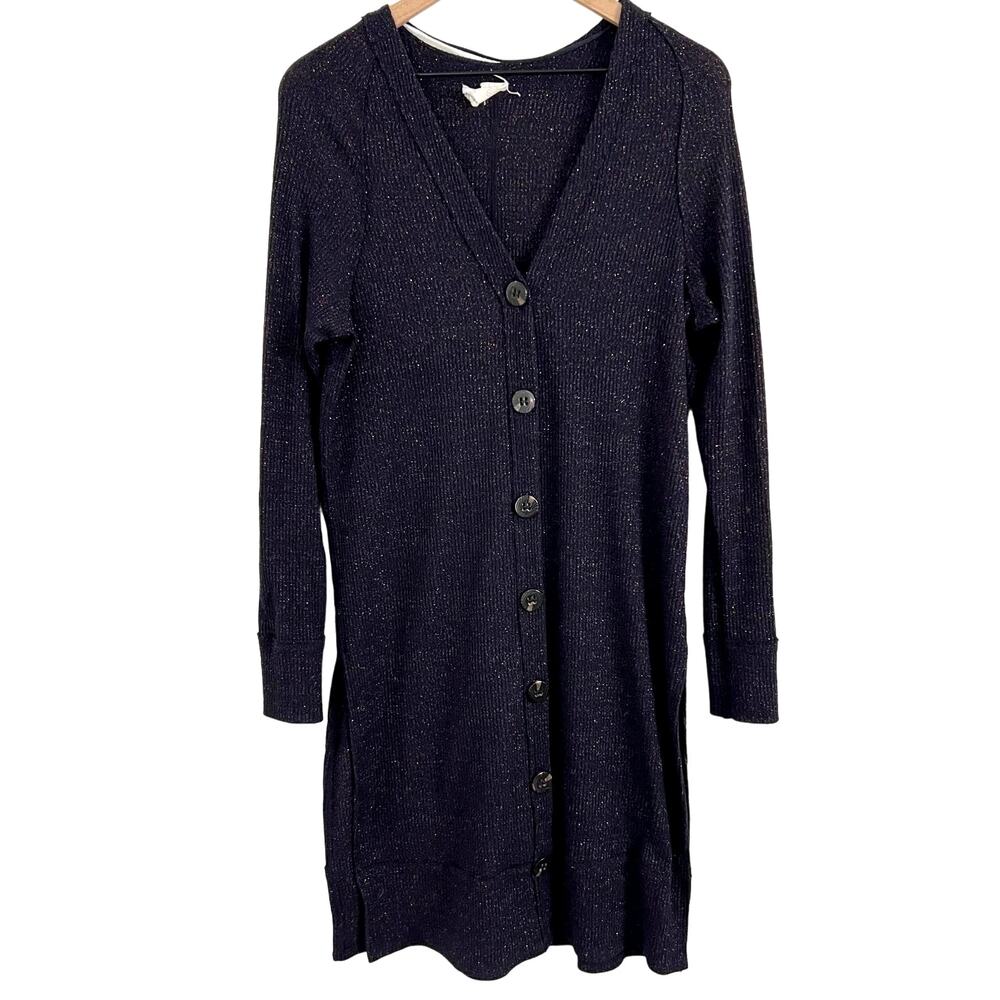 Free People We the Free Navy Blue Metallic Button Down Long Length Cardigan